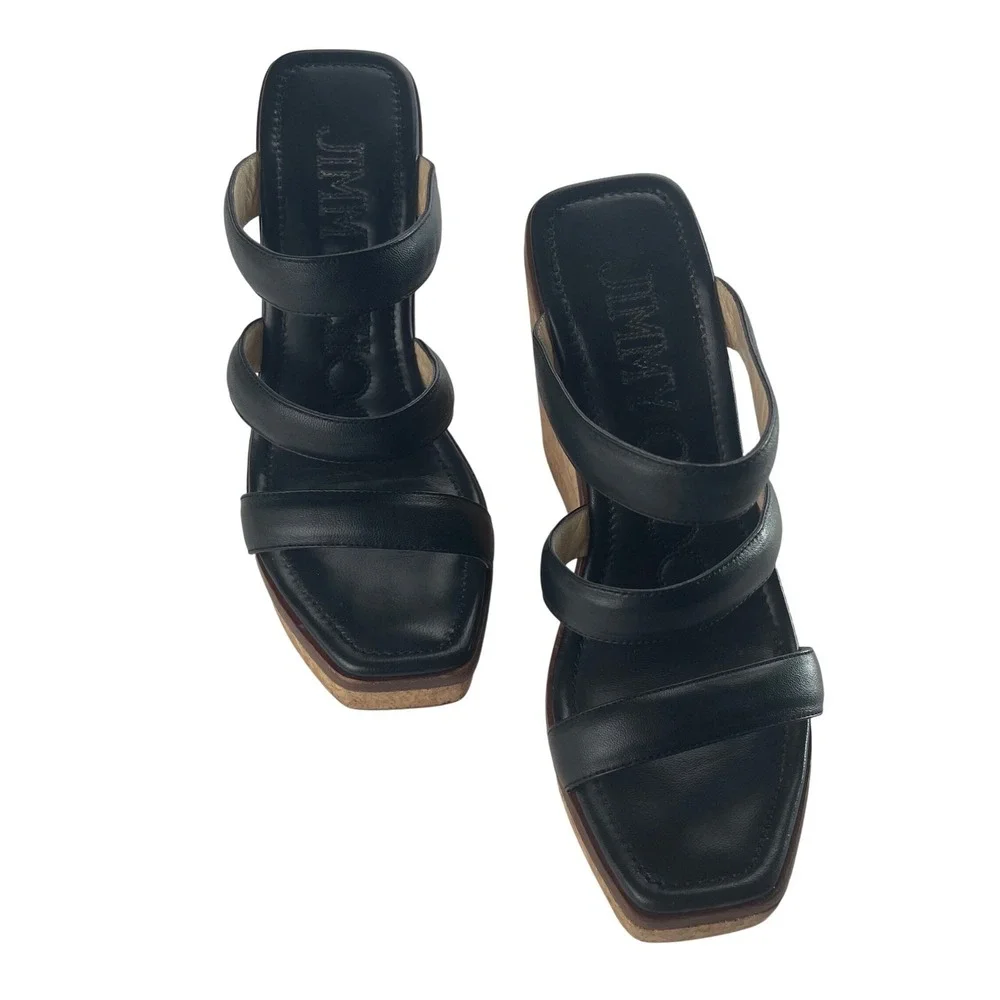 Jimmy Choo Athena‎ Black Leather Cork Wedge Platform Sandals Slides 37.5/US 7.5